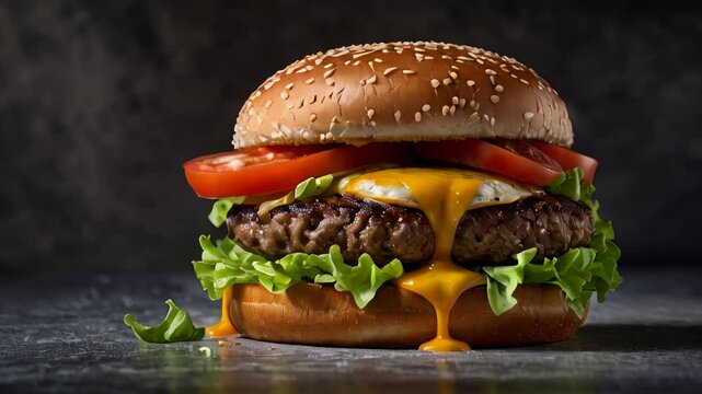 Juicy burger with fresh ingredients garnished with lettuce, tomato, and onion on wooden countertop