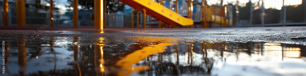 Poster puddle reflection of playground slide and fence