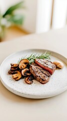 Grilled steak served with sautéed mushrooms and fresh herbs on a minimalistic plate
