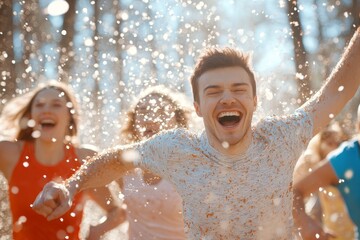 Obraz premium Joyful group of people running and splashing water in a sunlit forest during a summer day