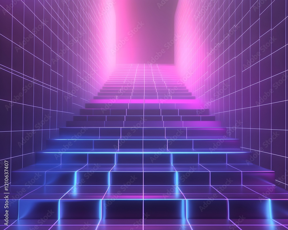 Poster a vibrant and futuristic staircase illuminated by neon lights. the glowing tiles and gradient colors