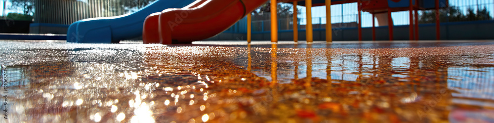 Poster playground surface with water reflection of slide and structure