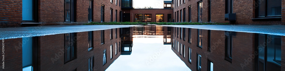 Poster reflected brick building with windows and puddle