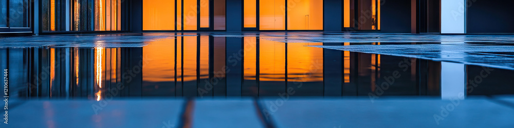 Poster reflection of illuminated building windows in a puddle