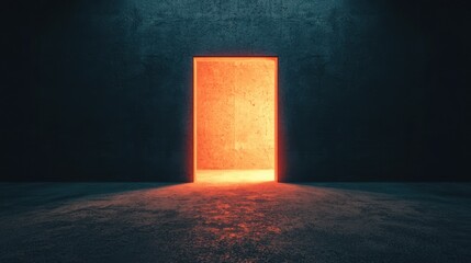 A glowing doorway illuminates a dark space, creating a contrast between light and shadow, evoking mystery and possibility.