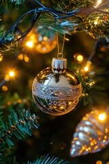 A close-up view of a Christmas ornament hanging from a tree branch
