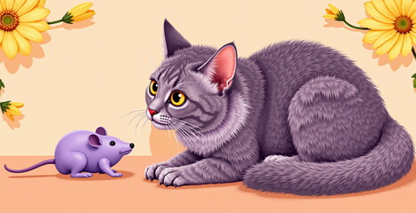 Gray cat observing purple mouse against floral background