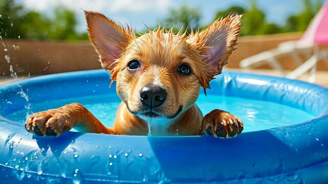 Playful puppy enjoys a refreshing swim in a blue kiddie pool on a sunny day