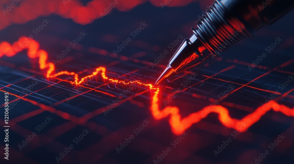 Poster a close-up of a pen drawing a red line on a graph, symbolizing data trends or financial metrics.