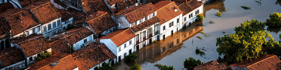 Obraz premium Floodwaters Submerging Terracotta-Roofed Buildings