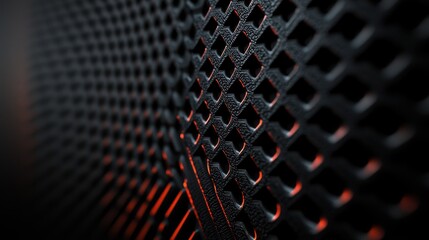 A close-up of a textured black speaker grill featuring a honeycomb pattern and subtle lighting effects.