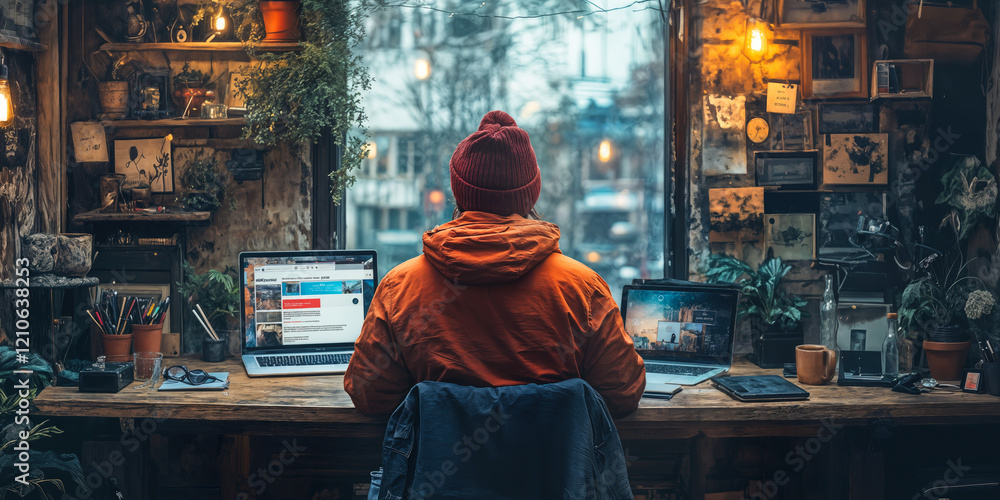 Poster template-driven content creation in cozy workspace with dual monitors and ambient lighting