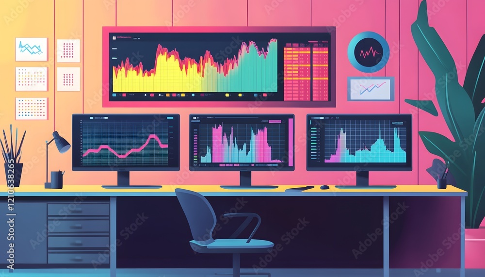 Poster a vibrant office workspace featuring multiple computer screens displaying financial graphs and chart