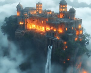 Illuminated castle perched on a clifftop above clouds, waterfall cascading down.