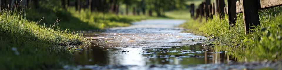 Fototapeta premium Flooded Dirt Road with Grass and Wooden Fence