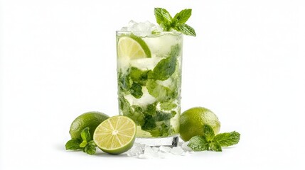 Fototapeta premium A refreshing Virgin Mojito served in a tall glass with crushed ice, fresh lime wedges, and vibrant green mint leaves. Condensation beads on the glass emphasize its coolness.