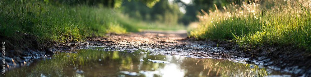 Poster puddle on muddy path with grass and trees