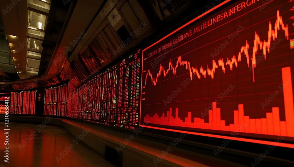 Poster a vibrant trading floor with red stock market indicators displaying fluctuating graphs representing 