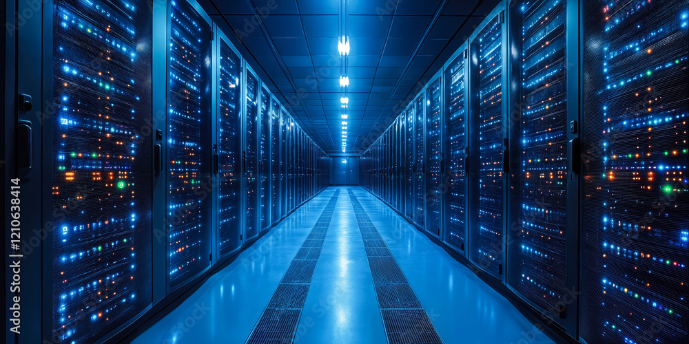 Poster ai-enhanced it server room with modern data management systems in a technological environment
