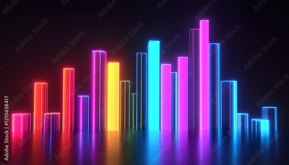 Poster a vibrant, neon-colored sound wave visualization with glowing bars creating a stunning visual effect