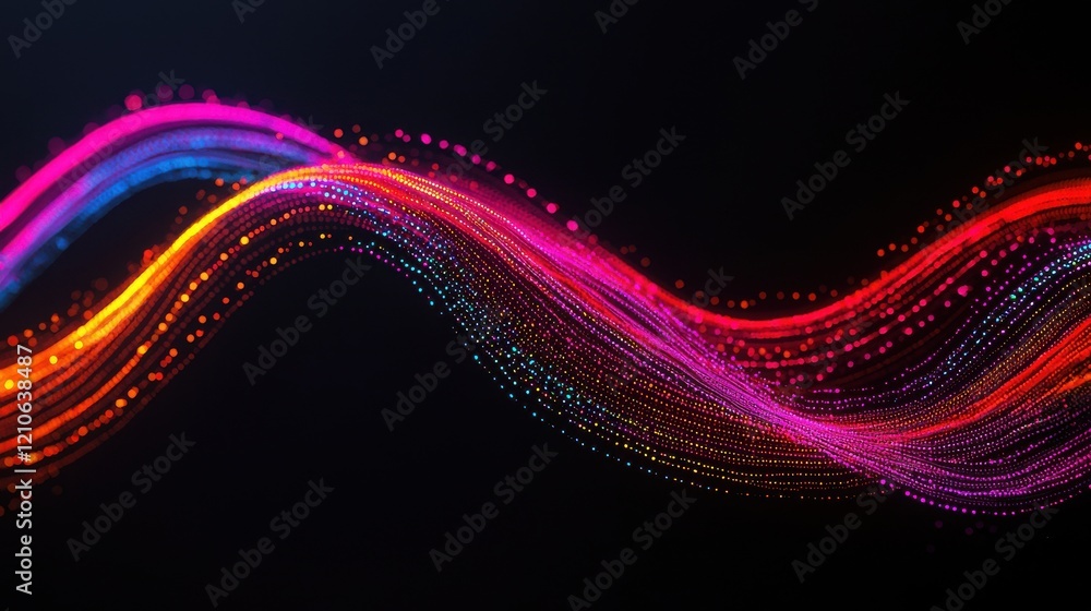 Poster a vibrant wave of colorful light trails against a dark background, creating an energetic and dynamic