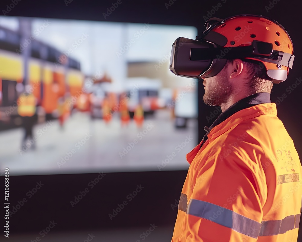 Poster a worker wearing a virtual reality headset in an industrial setting observes training in advanced te