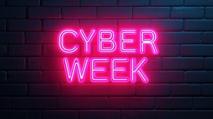 A vibrant neon sign on a brick wall displays the words "CYBER WEEK," highlighting a promotional event for online shopping deals.