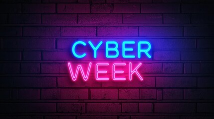 Bright neon sign displaying "CYBER WEEK" against a dark brick background, emphasizing a digital shopping event.