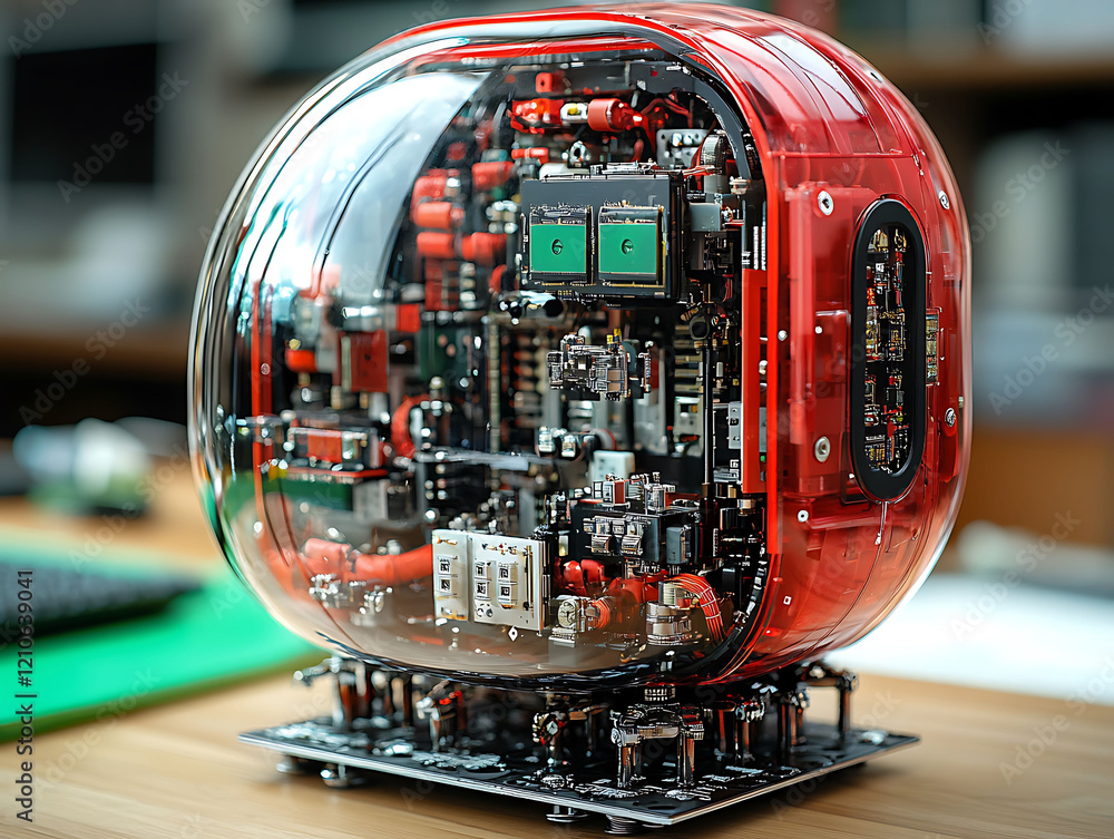 Poster intricate red tech sphere encased in transparent shell, revealing complex circuitry components. high