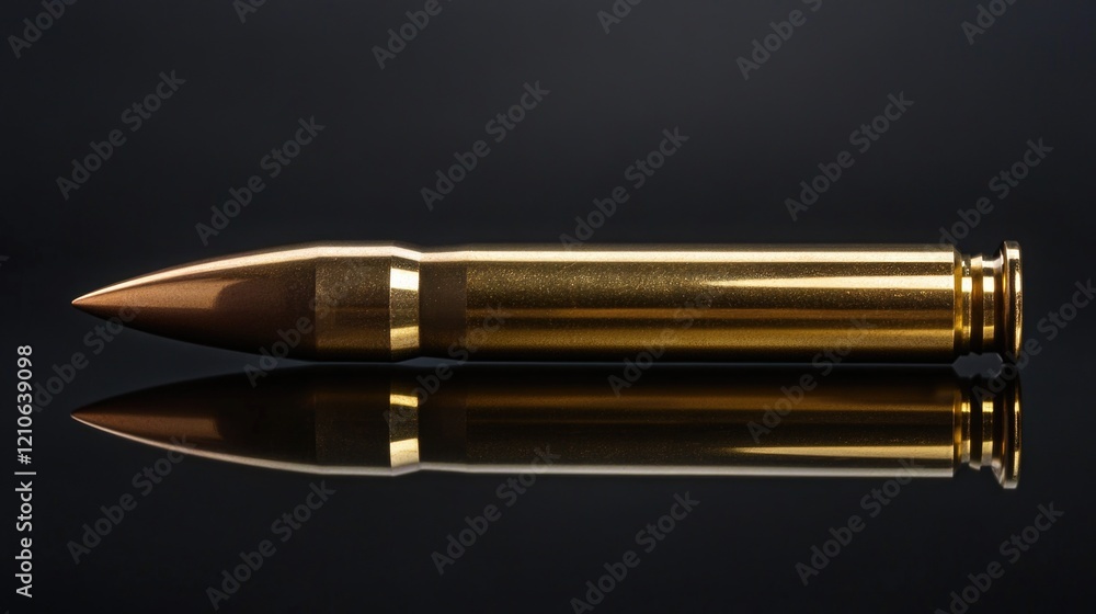 Poster a close-up view of a single bullet resting on a black surface, perfect for use in crime scene or mil
