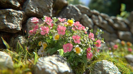 Pink & white wildflowers blooming near stone wall, sunny day, nature scene, for website backgrounds