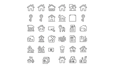 Real Estate Line Icon Set - Minimalist Home, Property, and Key Symbols