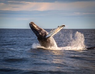 Naklejka premium Humpback Whale Breaching Spectacularly in Ocean Waters, Capturing Nature’s Beauty