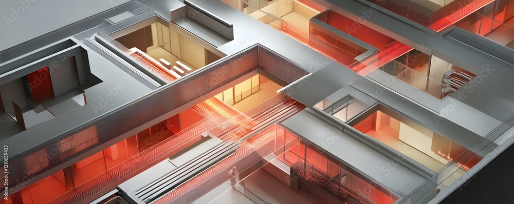 Poster an innovative architectural design showcasing modern spaces with vibrant lighting, creating a harmon