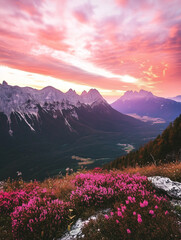 Górzysty widok przy zachodzie słońca, ciepłe kolory 