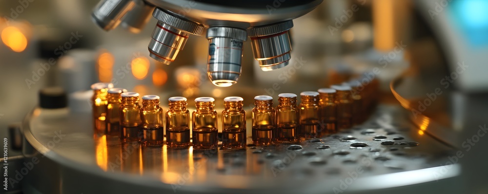Poster close-up view of a microscope examining small vials with a warm glow, showcasing precision and techn