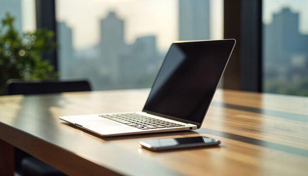 Sleek laptop computer sits on wooden desk. Modern tech device with minimalist style. Smartphone lies beside. City view seen outside window. Workstation exudes sense of contemporary sophistication.