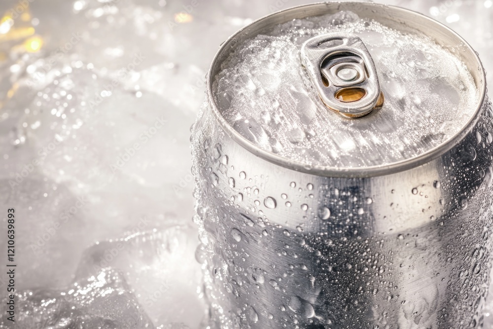 Poster a can of soda sits on top of a block of ice, ready to be enjoyed