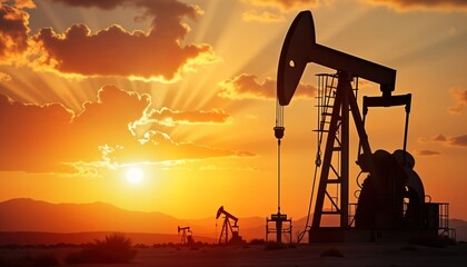 Oil pumpjacks silhouette against dramatic sunset sky. Industrial equipment stands out in desert landscape at golden hour. Energy resource extraction in action. Silhouette of pump jacks silhouettes