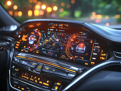 Sleek futuristic car dashboard with vibrant digital interface showcasing navigation, vehicle data, and entertainment controls.