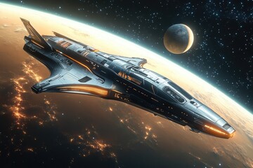 Obraz premium A spacecraft flies through space near a planet and its moon