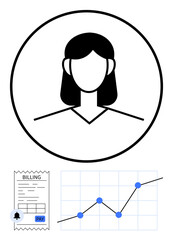 Woman avatar surrounded by billing receipt with payment icon and upward-trending line chart data points. Ideal for finance, analytics, payment systems, user profiles, business growth, notifications
