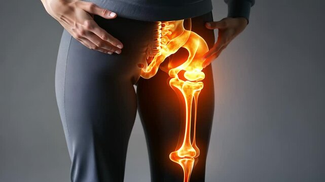 A person is experiencing discomfort in the hip area while standing. The focus is on the hip joint and surrounding muscles, highlighting the importance of addressing pain for better movement.
