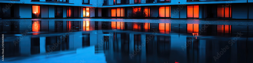 Poster reflection of illuminated building windows in rainwater
