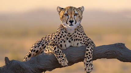 Cheetah Resting on Branch at Sunset