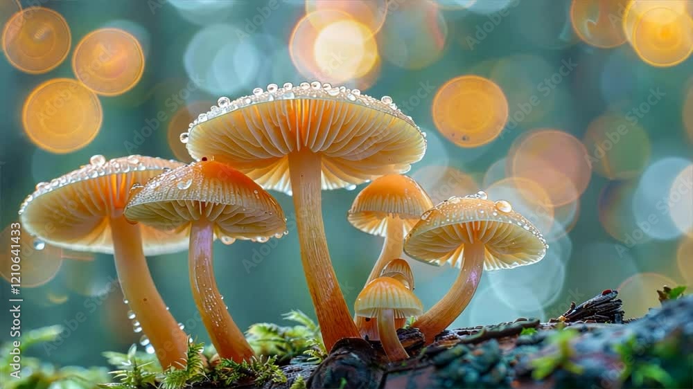 Poster vibrant mushrooms with orange caps and glistening droplets in soft light create magical forest scene