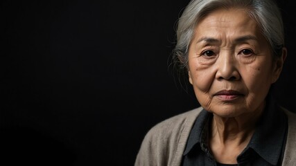 Obraz premium elderly asian female in casual wear on black background model portrait looking serious for ad concept space for text
