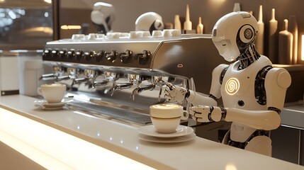 A futuristic caf where robots prepare and serve