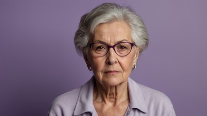 Fototapeta premium elderly american female in casual wear on pastel color background model portrait looking serious for ad concept space for text