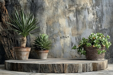 A rustic, textured wood podium with potted plants placed next to a natural backdrop, ideal for organic branding.